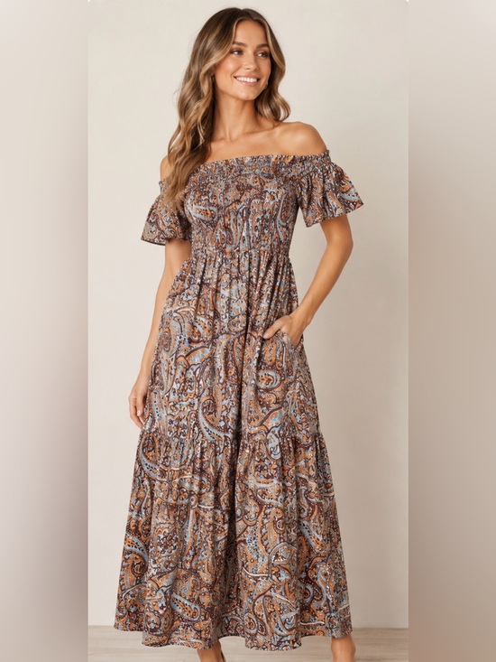 Cato Dresses & Skirts - Cato MP Boho Paisley Maxi Dress Brown Blue Orange Stretch